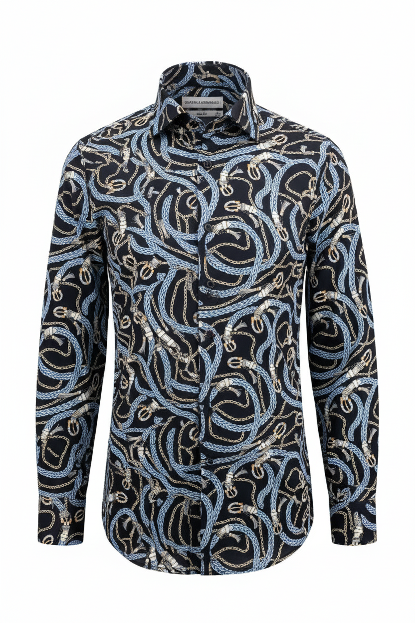 Vue détaillée du boutonnage de la chemise homme slim-fit, soulignant le savoir-faire raffiné.