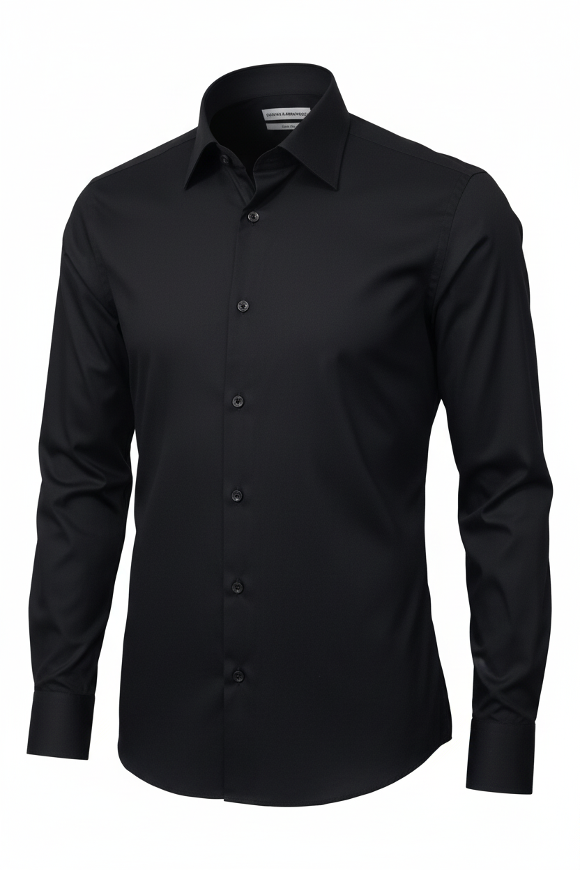 Modeller trägt das schwarze Slim‑Fit-Herrenhemd in Business‑Umgebung