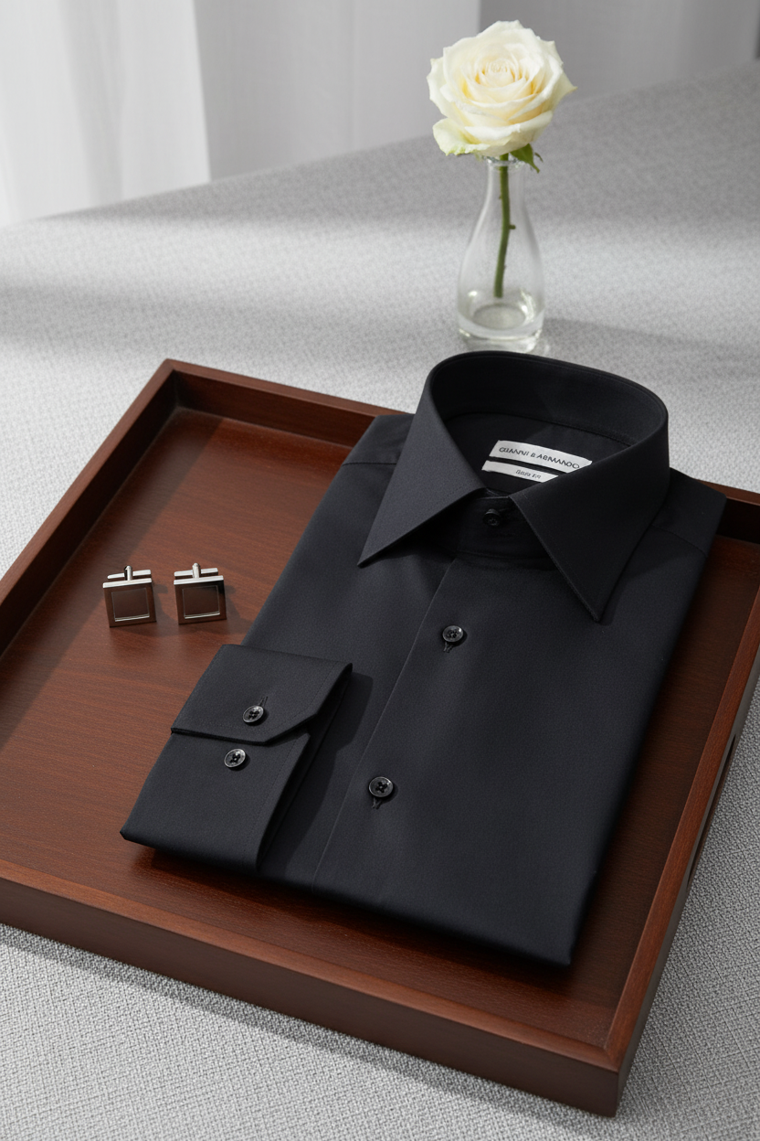 Nahaufnahme des hohen Kragens und Doppelknopfs des schwarzen Slim‑Fit-Herrenshirts