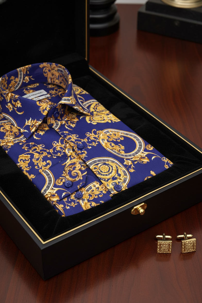 Gros plan sur le motif ornemental baroque de la chemise homme en satin de coton