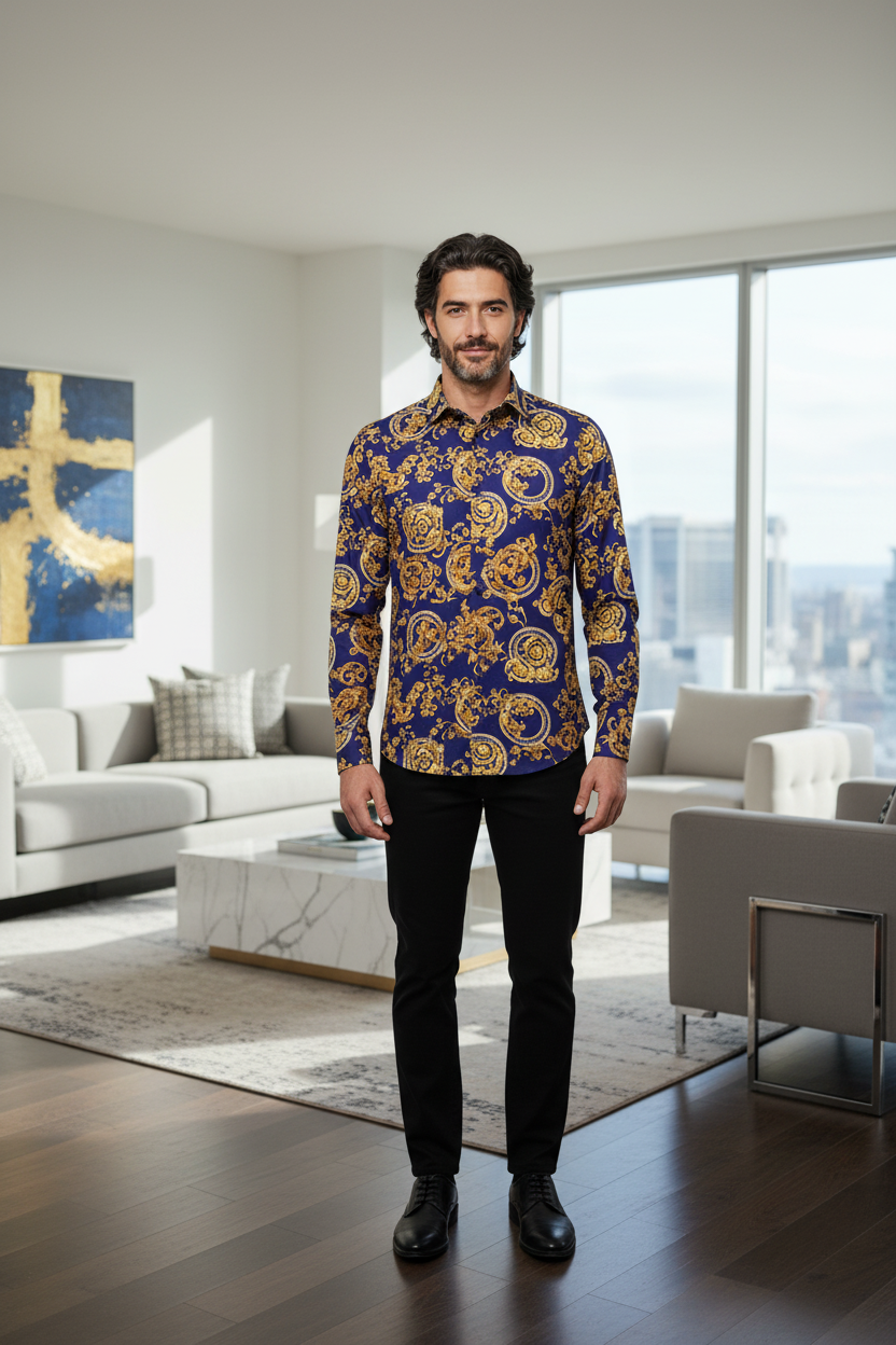 Le modèle porte la chemise homme Slim Fit bleu et or lors d'une soirée