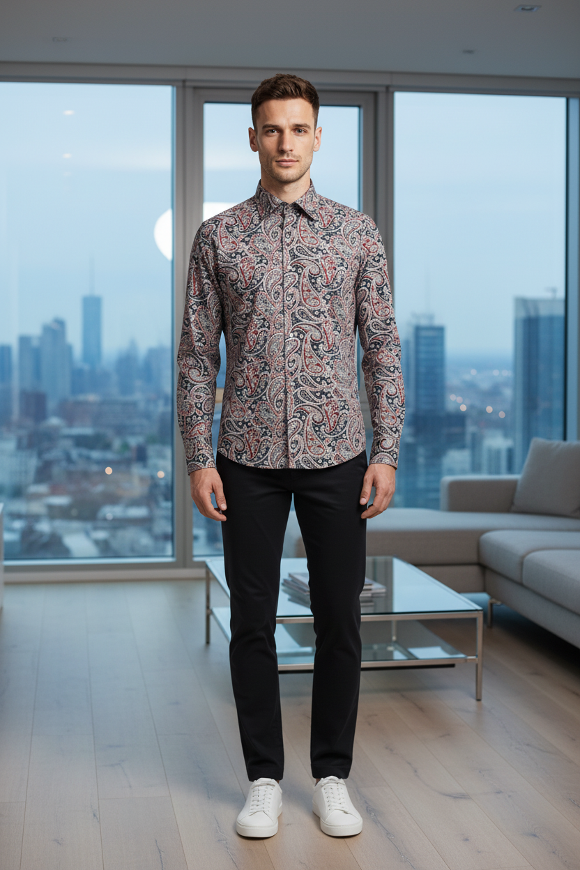 Modell trägt das Herren-Slim-Fit-Hemd mit Paisley-Muster, stilvoll in Business-Setting.