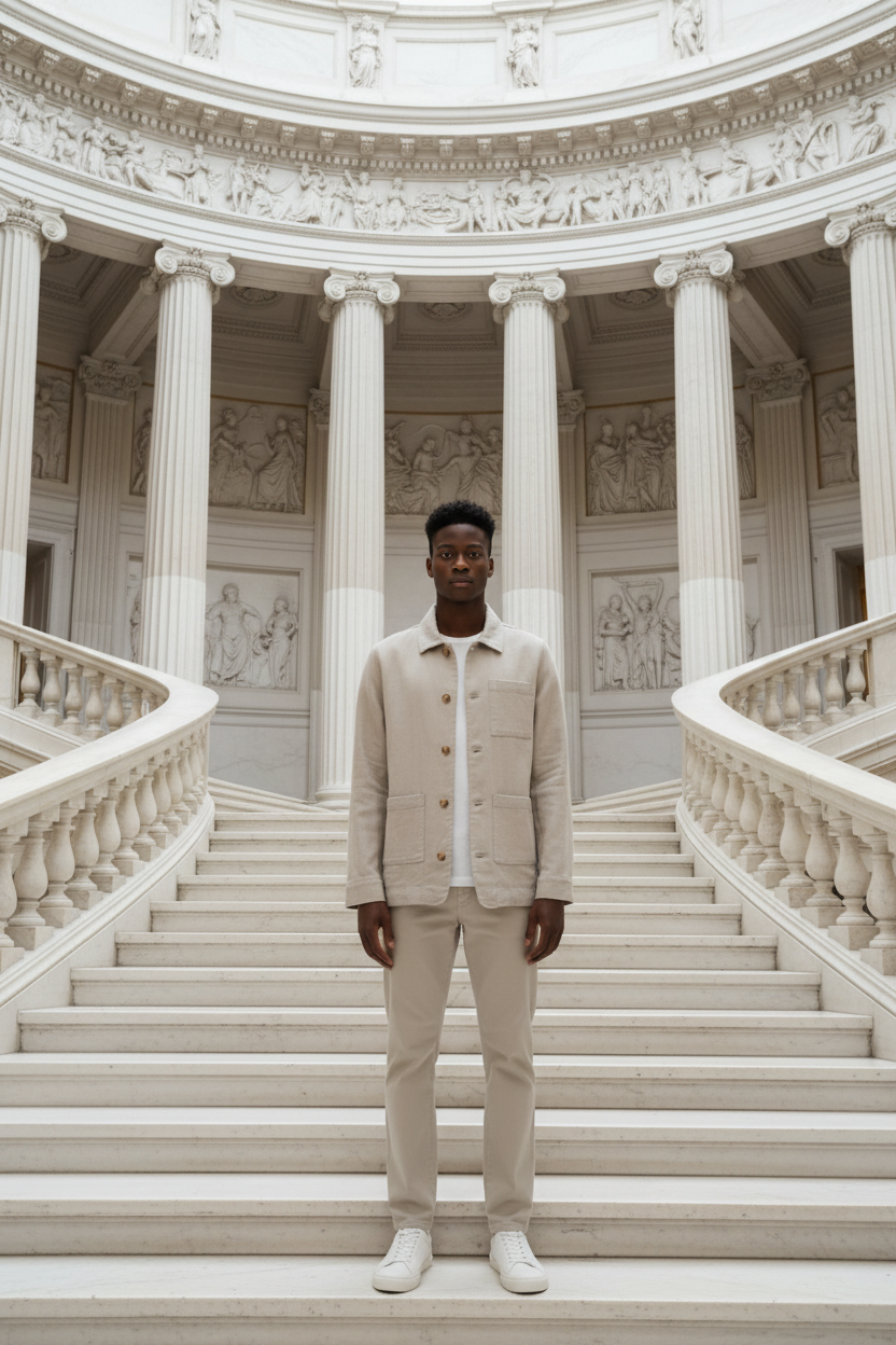 Chemise-veste en 100 % lin beige – vue de face avec col Kent et quatre poches latérales