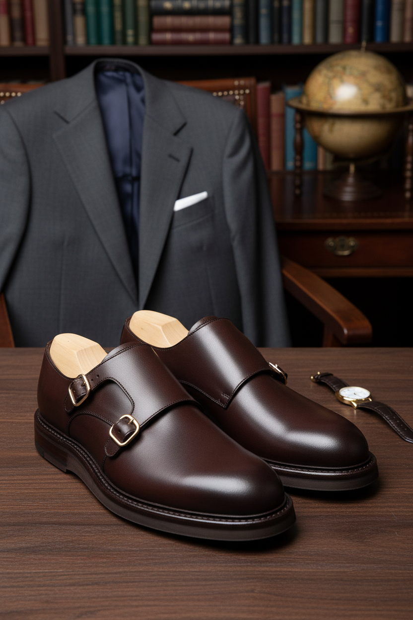 Double Monk Schuhe Braun auf einem Ledersockel präsentiert