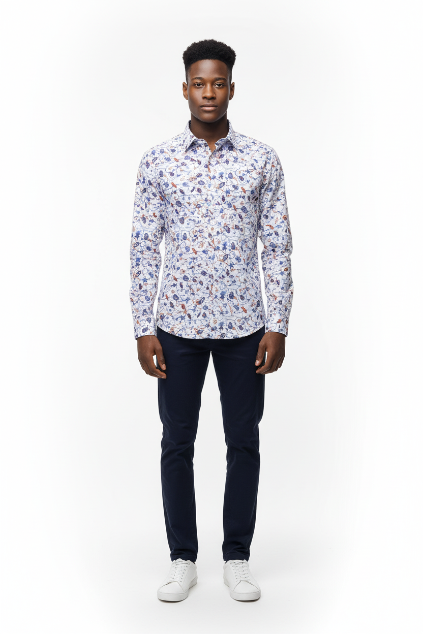 Nahaufnahme des Blumenmusters auf dem Slim Fit Hemd, lebendige Farben in multicolor