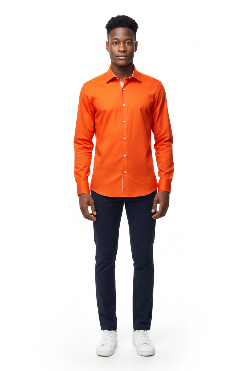 Gros plan sur la manche longue de la chemise Slim Fit orange