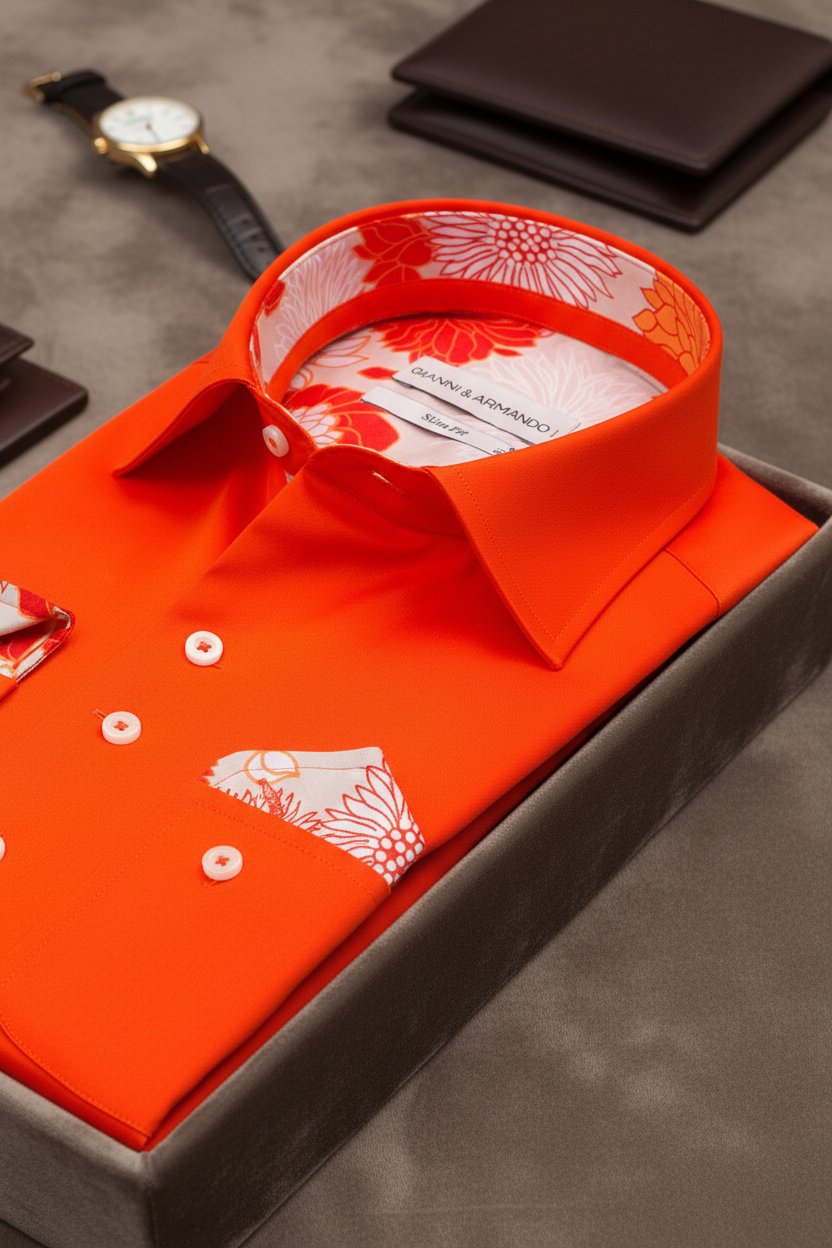Vue arrière de la chemise décontractée Slim Fit orange, ligne de col Kent nette