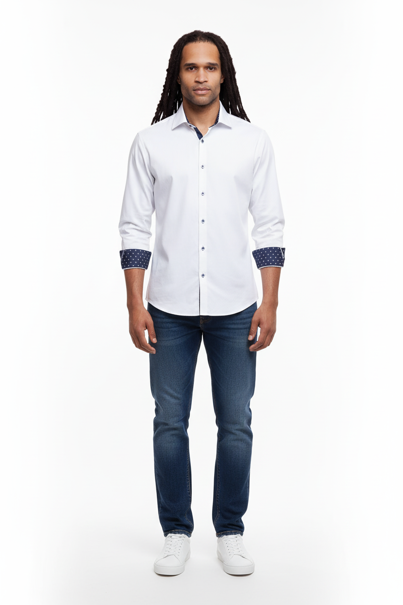 Vue de côté de la chemise décontractée Slim Fit en blanc, mettant en valeur la coupe ajustée