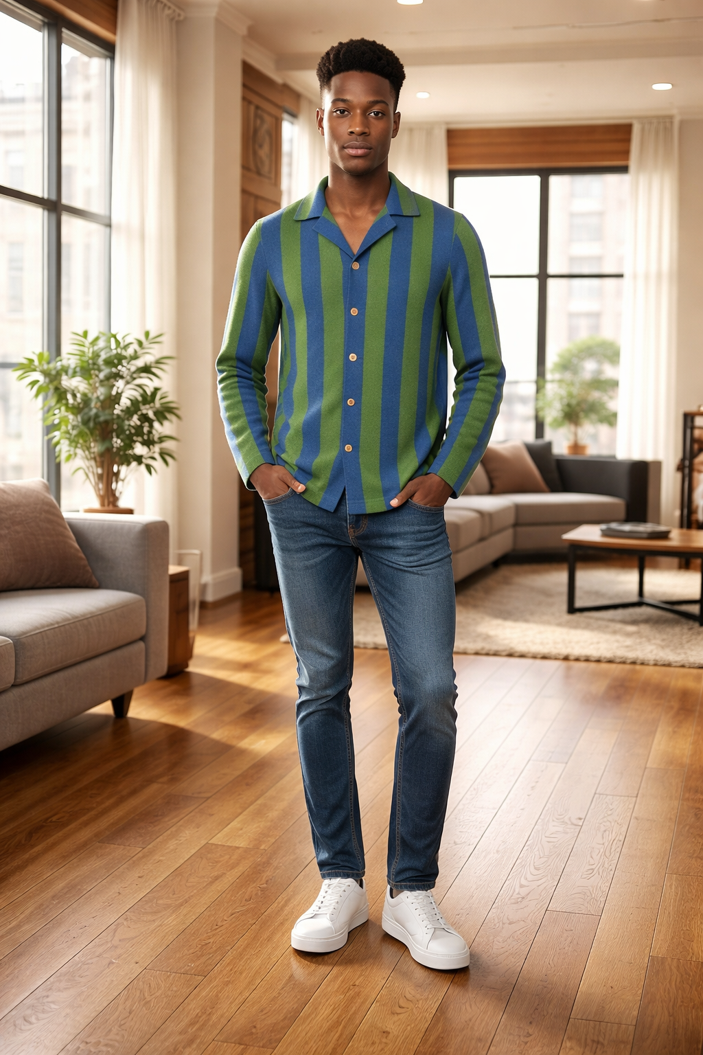Chemise homme présentée dans un cadre lifestyle avec un décor urbain en arrière-plan.