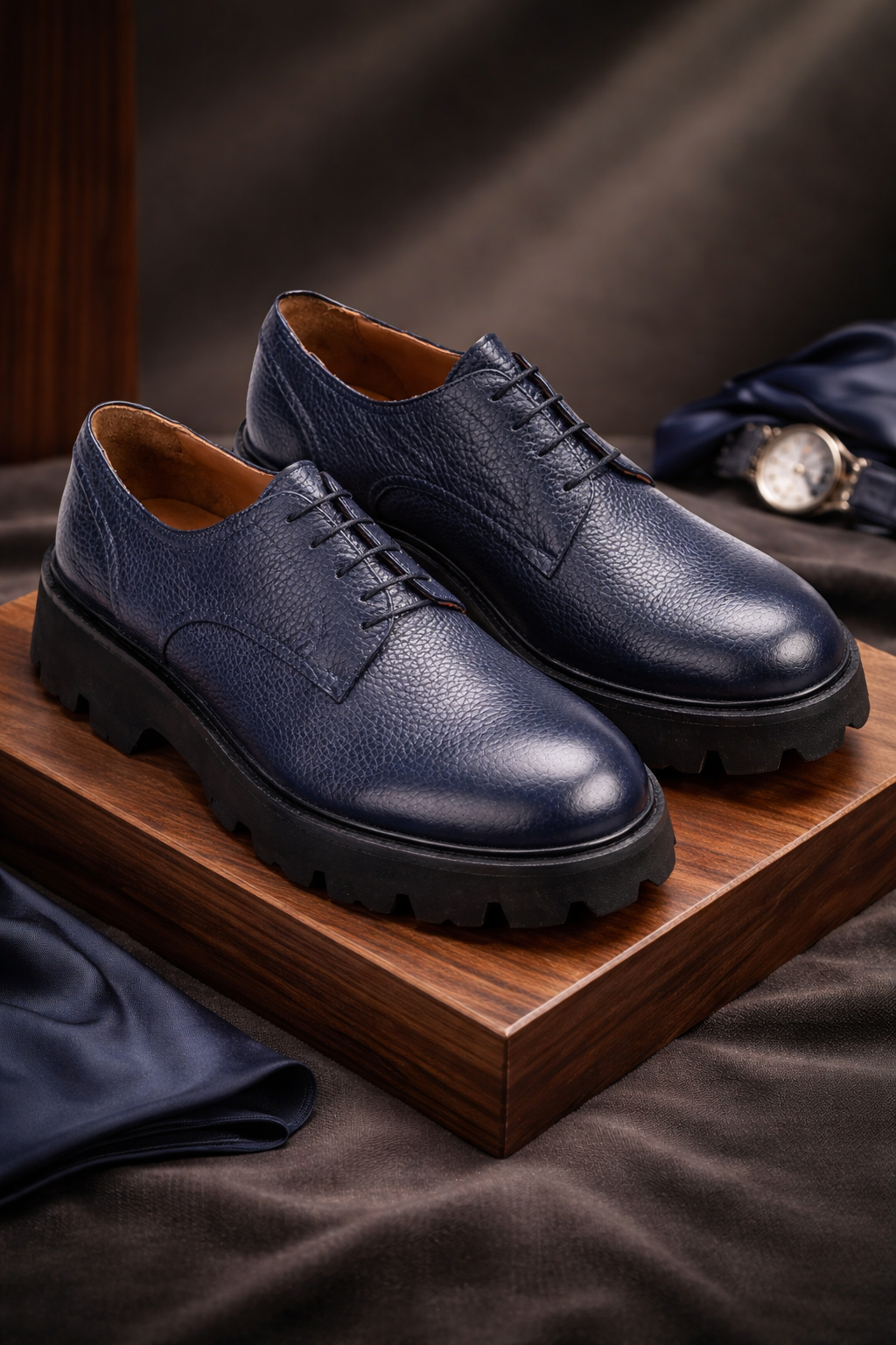 Detailaufnahme der Rindsleder Obermaterialstruktur im Navy‑Blue Farbton