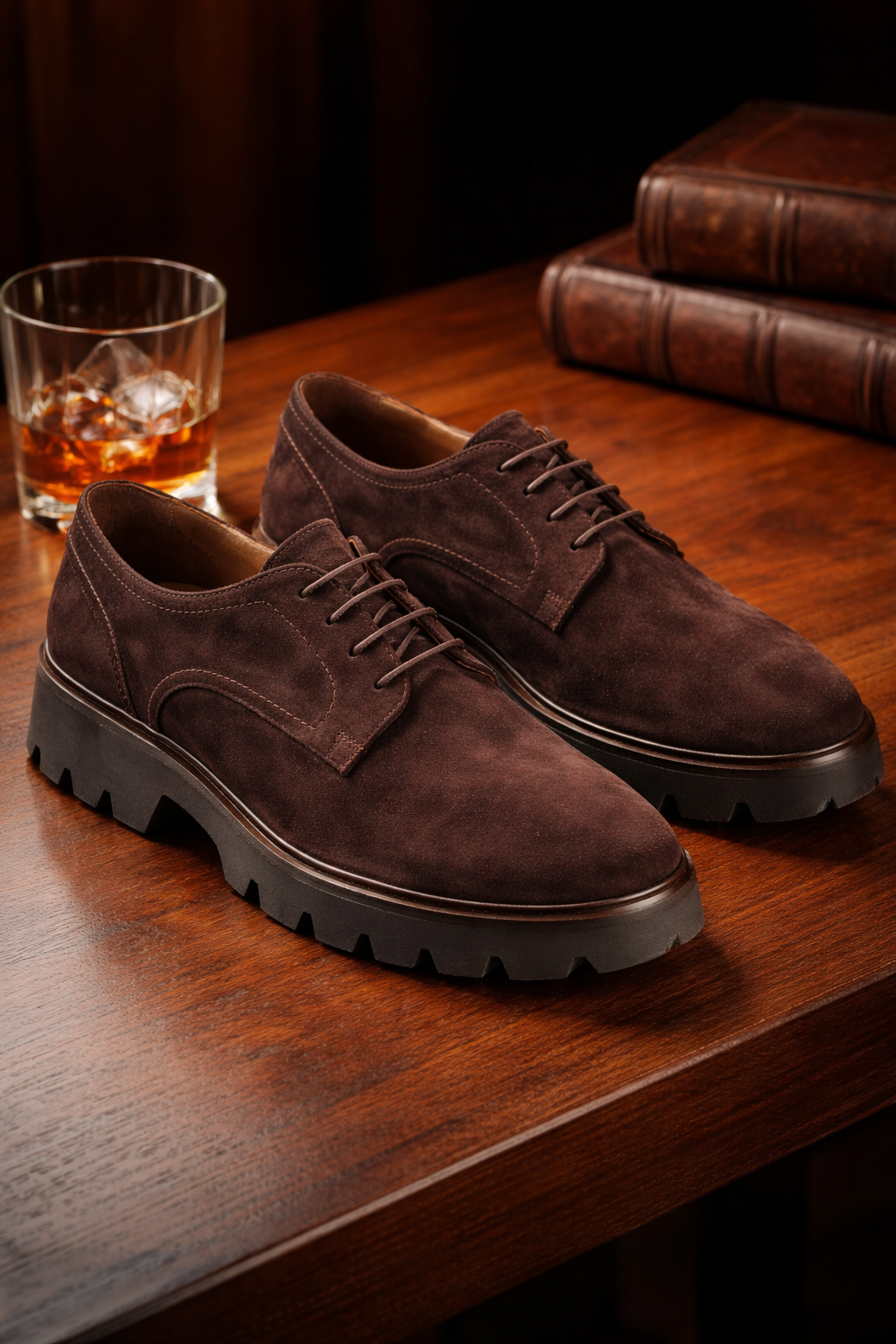 Rückansicht der braunen Wildleder-Casual-Schuhe mit sichtbarem Lederschnürverschluss
