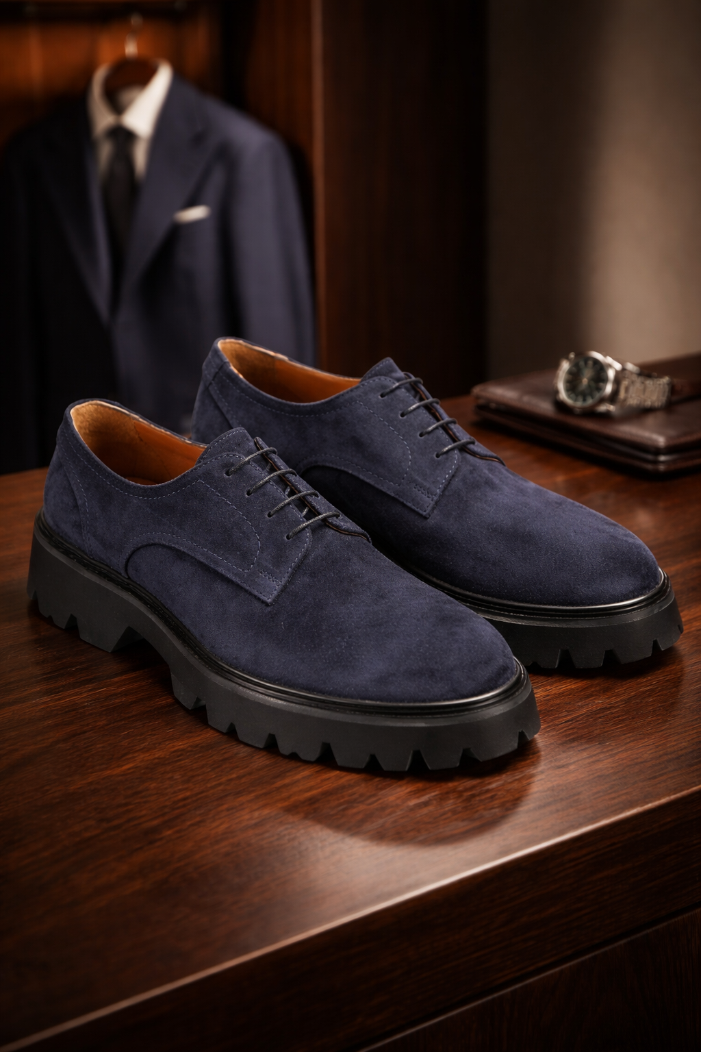 Herren trägt die Navy-Blue Wildleder Schuhe in urbanem Outfit, zeigt Komfort und Stil.