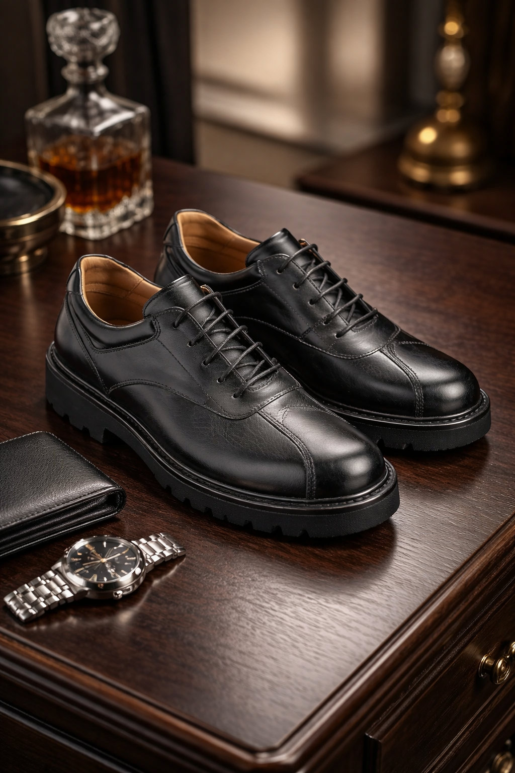 Schwarzes Casual Schuhmodell auf neutralem Hintergrund, Fokus auf die elegante Rundspitze