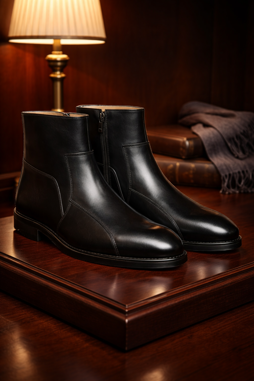 Modell trägt die schwarzen Lederstiefel in einer urbanen Business-Umgebung