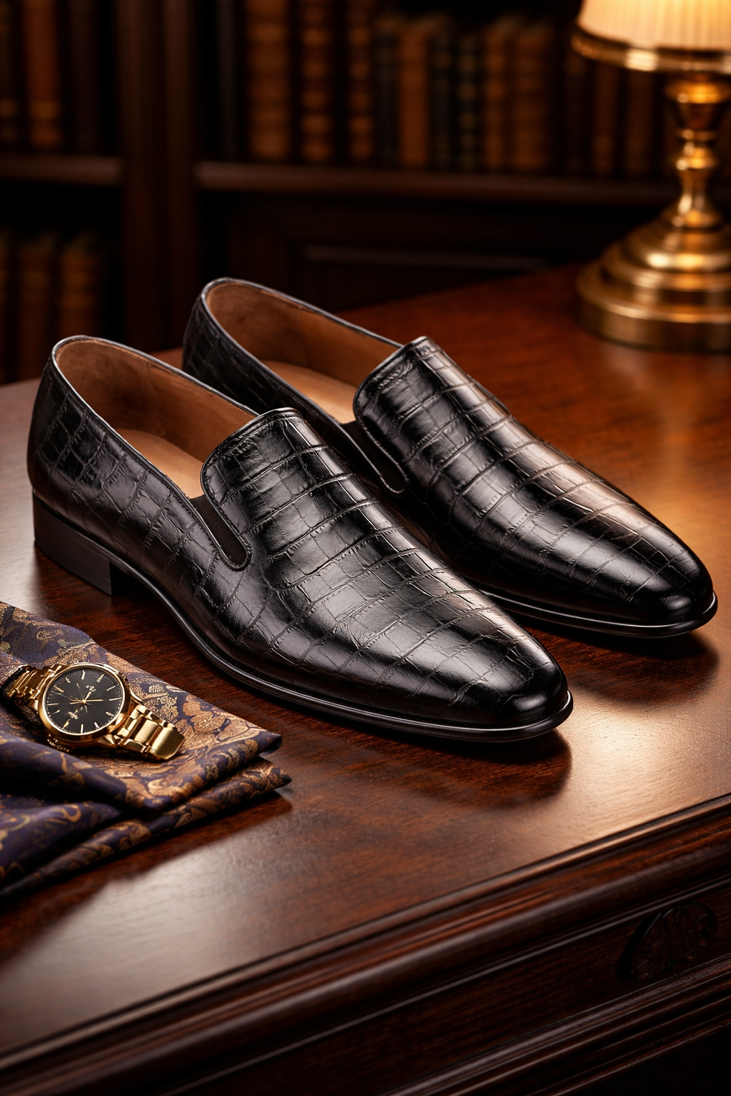 Vue détaillée du motif crocodile sur le dessus du mocassin de ville