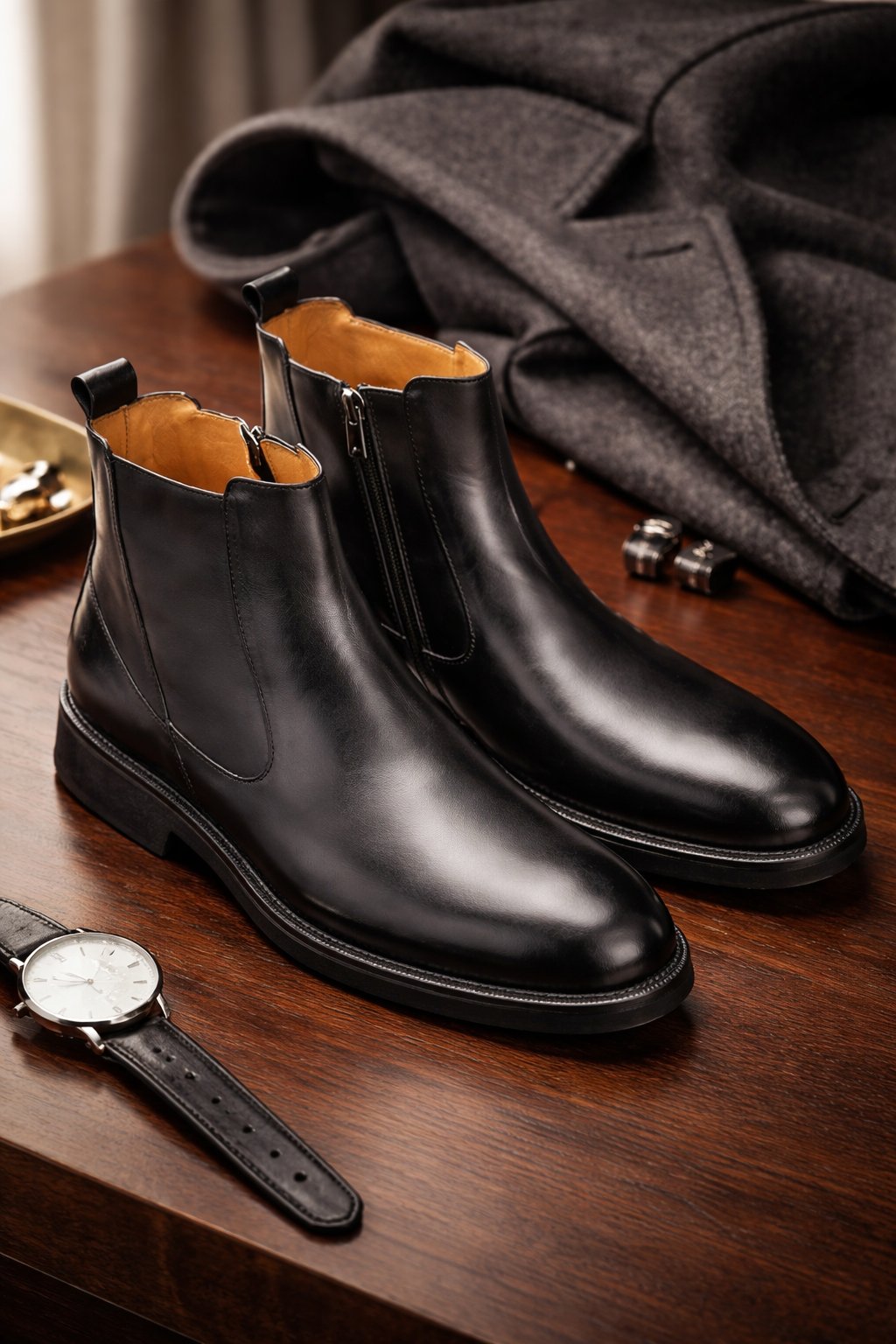 Modeller trägt die schwarzen Lederstiefel in urbaner Winterumgebung