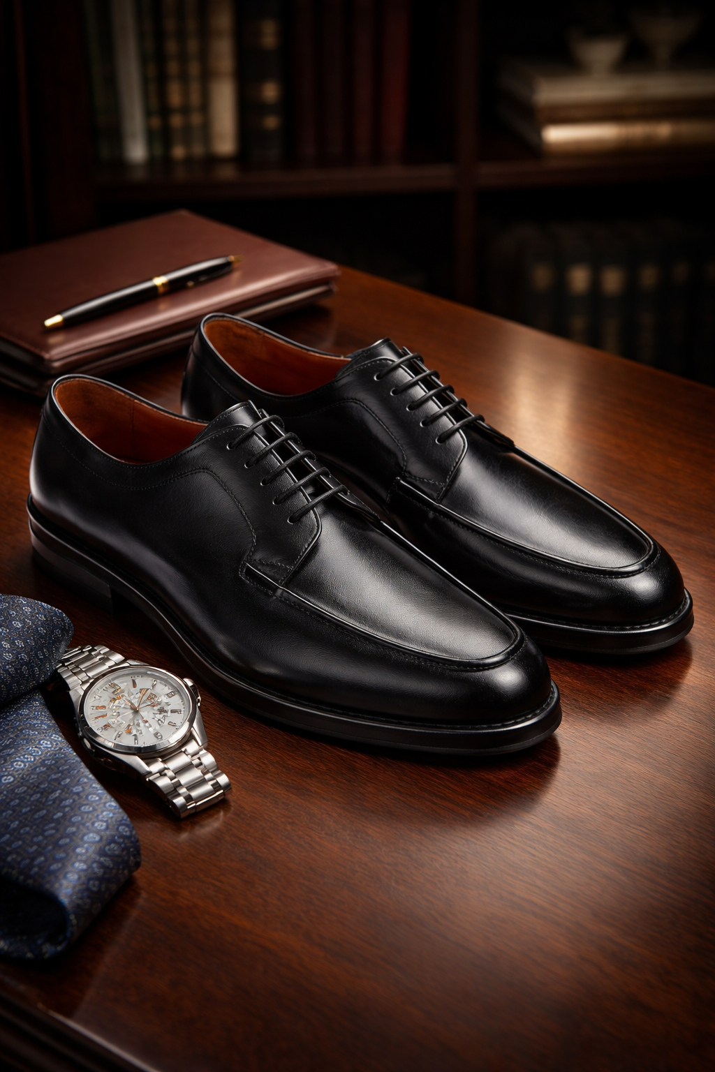 Side profile of the black leather business shoe showing the rounded toe and 3 cm heel.