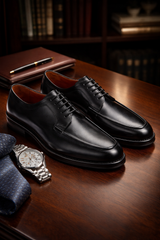 Side profile of the black leather business shoe showing the rounded toe and 3 cm heel.