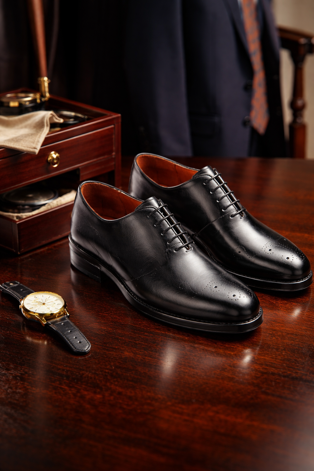 Seitliche Ansicht des schwarzen Business-Schuhe mit feiner EVA-Sohle und geschnürtem Verschluss