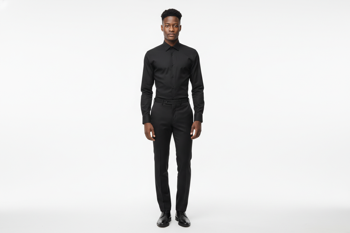 Chemise homme en satin de coton – vue arrière, coupe Slim Fit, noir