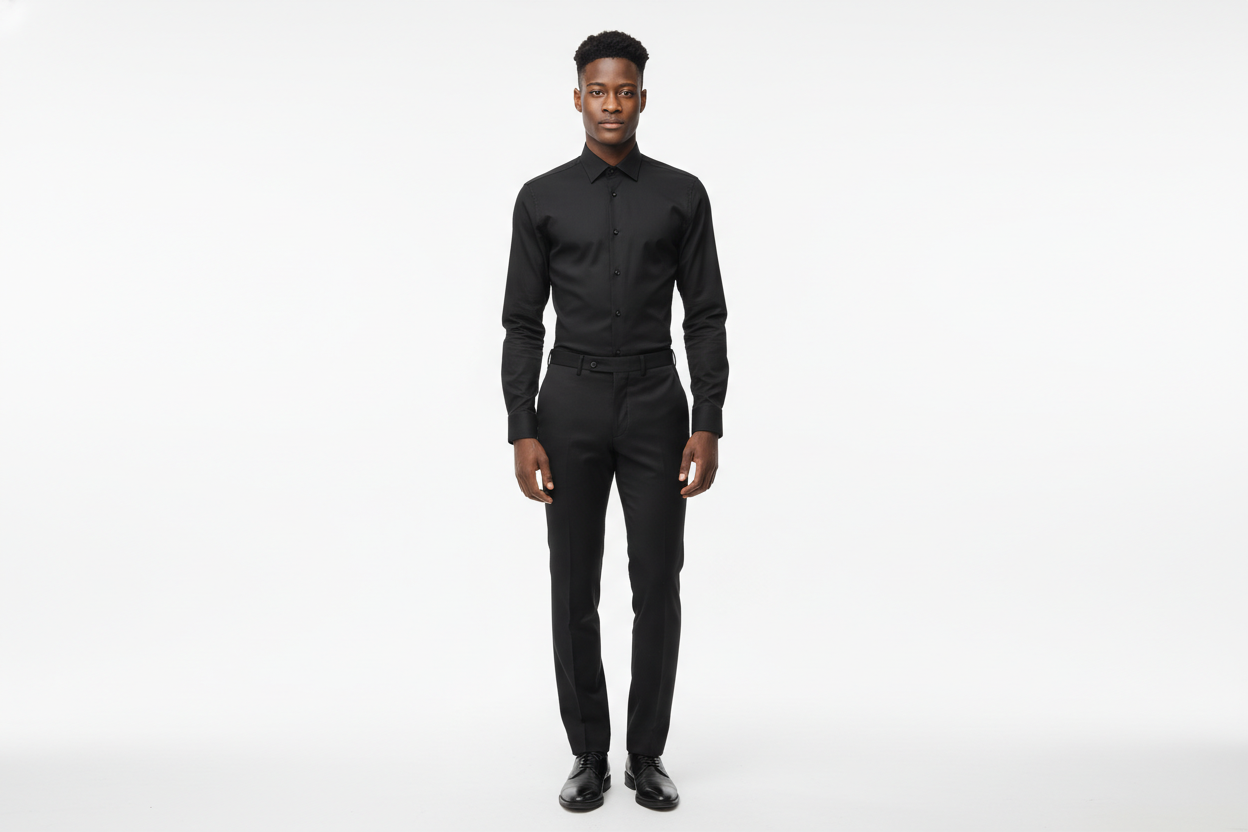 Herrenhemd aus Baumwoll-Satin – Rückansicht, Slim‑Fit, Schwarz