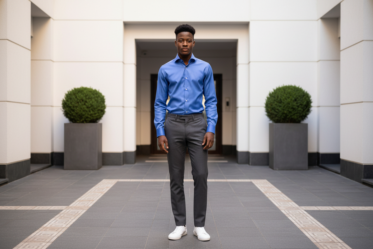 Modèle portant la chemise Slim Fit bleue, montrant la coupe et le col italien