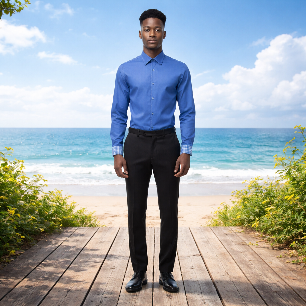 Rückansicht des Herrenhemds Hochkragen Slim Fit Blau, glattes Satin-Gewebe