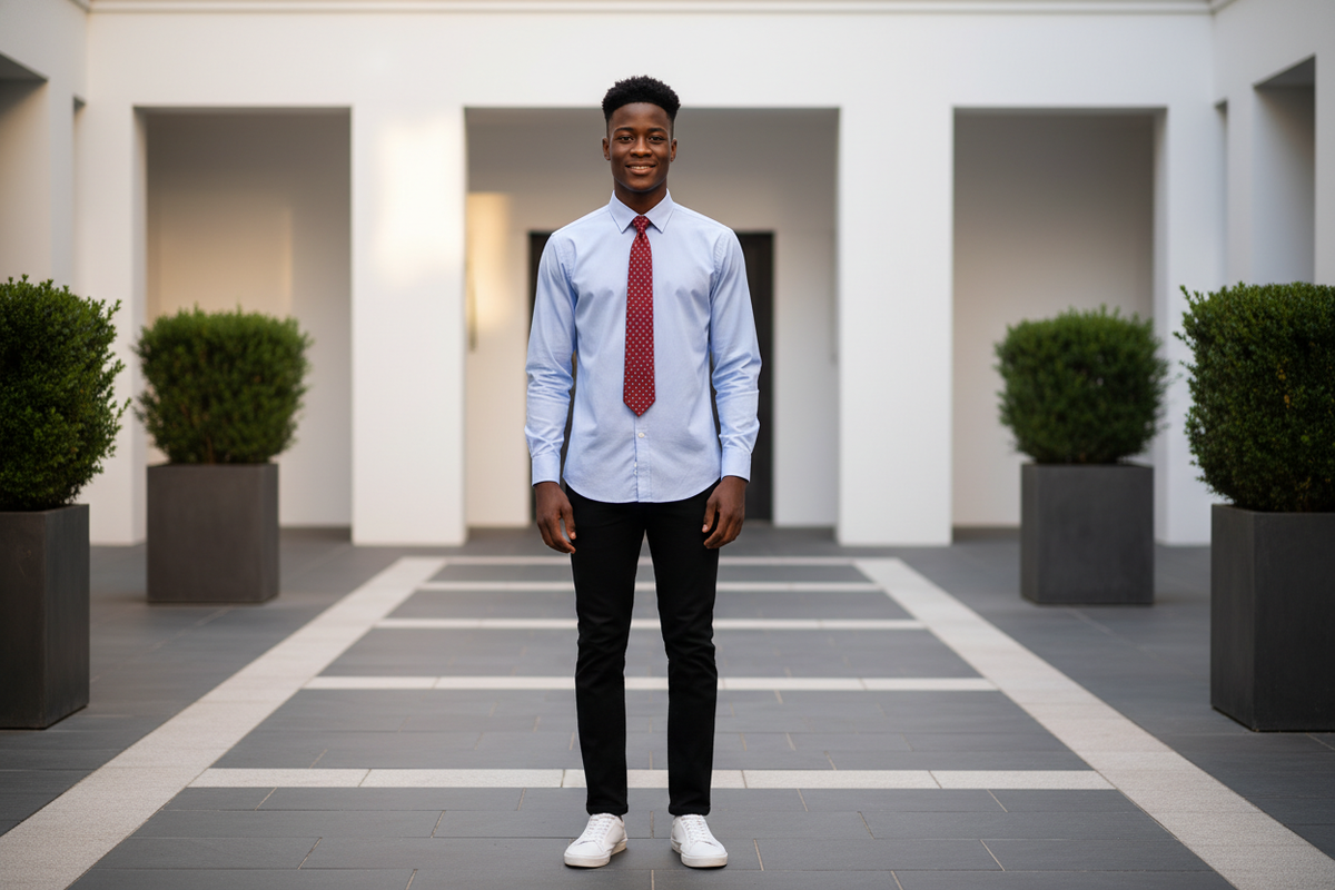 Modèle portant la chemise Slim Fit bleu glacier dans un look business