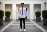 Modell trägt das Slim Fit Eisblau Hemd in Business-Look