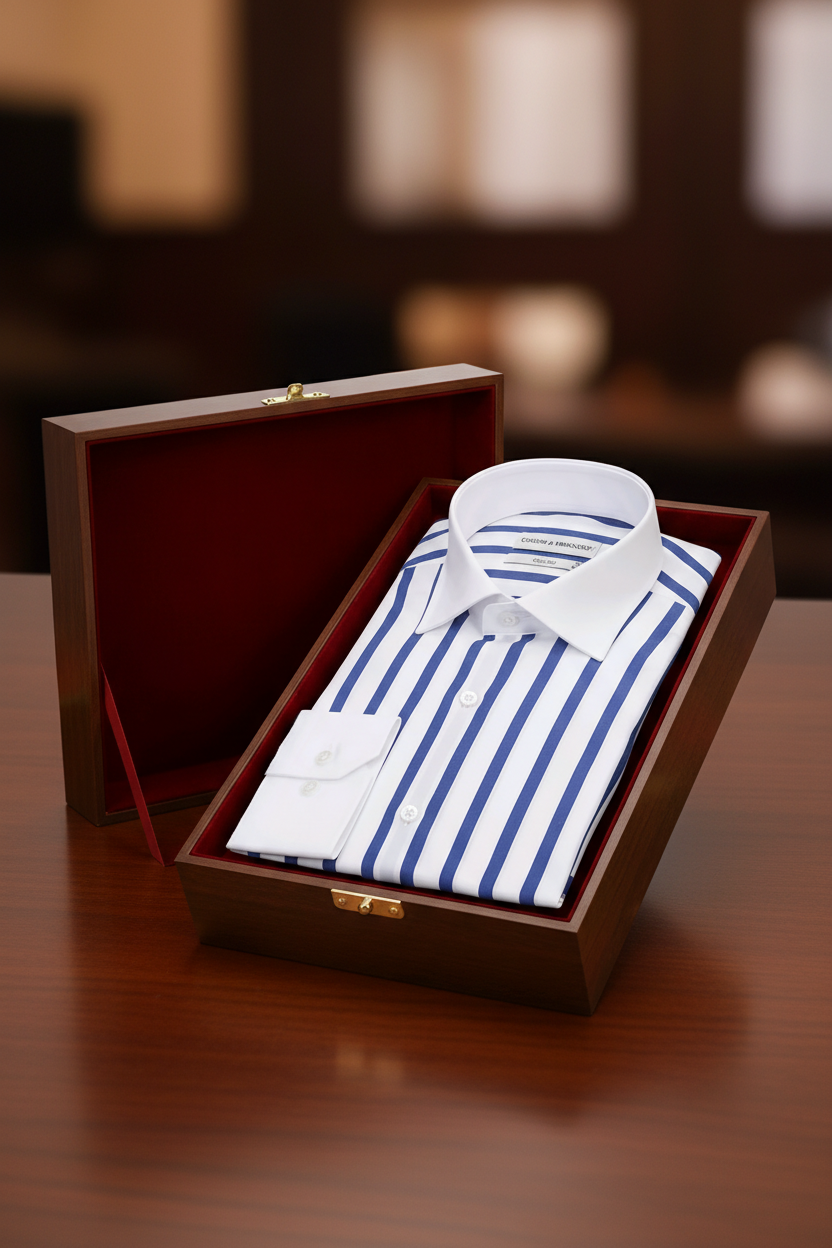 Gros plan sur les rayures bleues de la chemise Slim Fit, détail du col Kent blanc