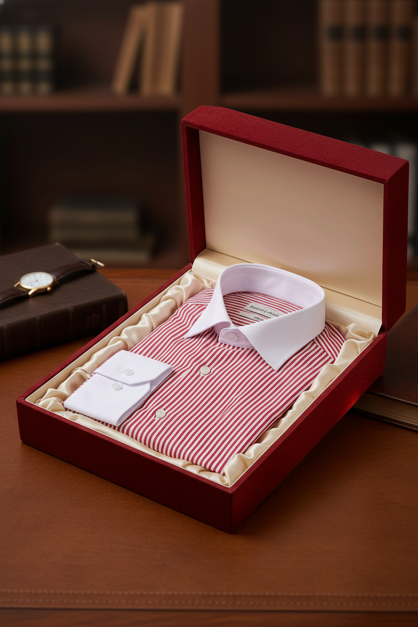 Vue détaillée des rayures rouges sur le coton de la chemise business Slim Fit