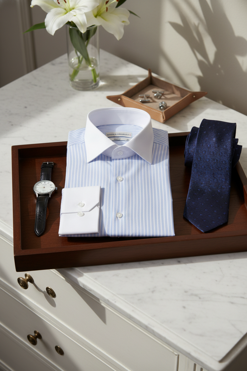 Modeller trägt das Slim Fit Businesshemd in Hellblau-Weiß gestreift im Büro