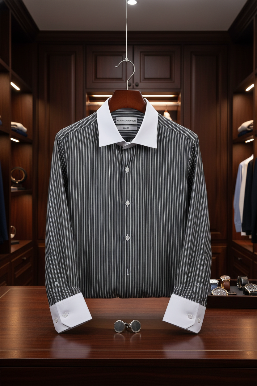 Le mannequin porte la chemise Slim Fit à rayures noir et blanc dans un bureau moderne