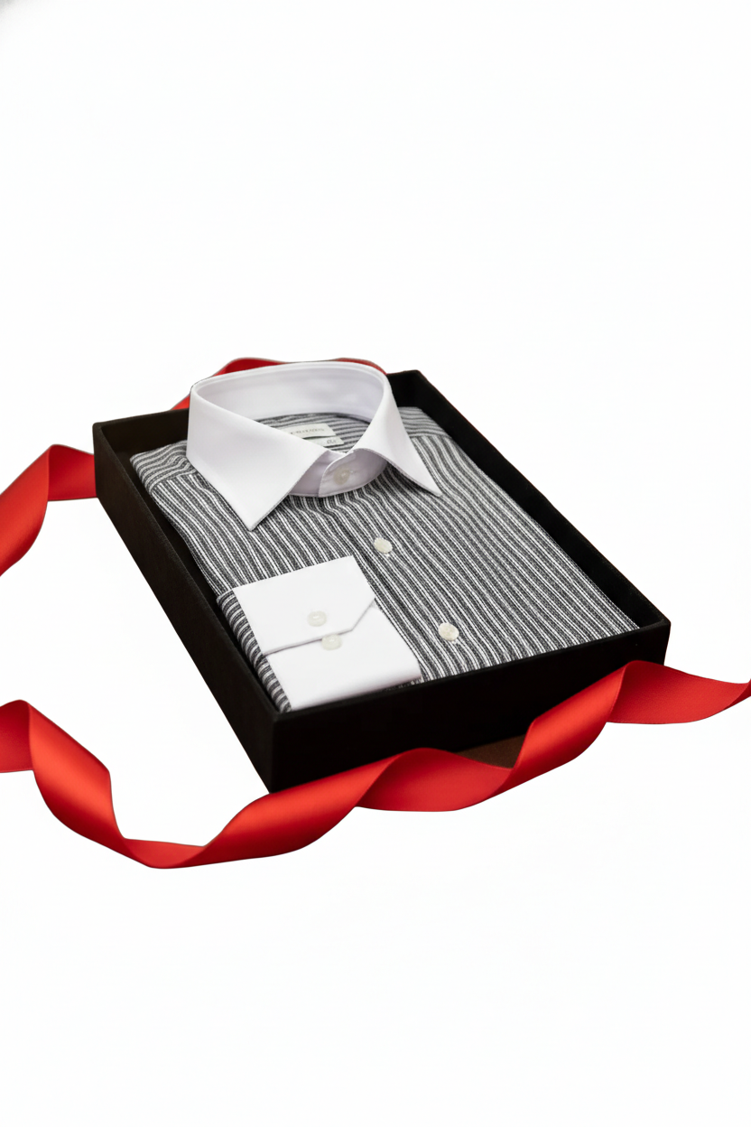 Chemise à rayures noir et blanc sur fond neutre, l'accent est mis sur le motif.