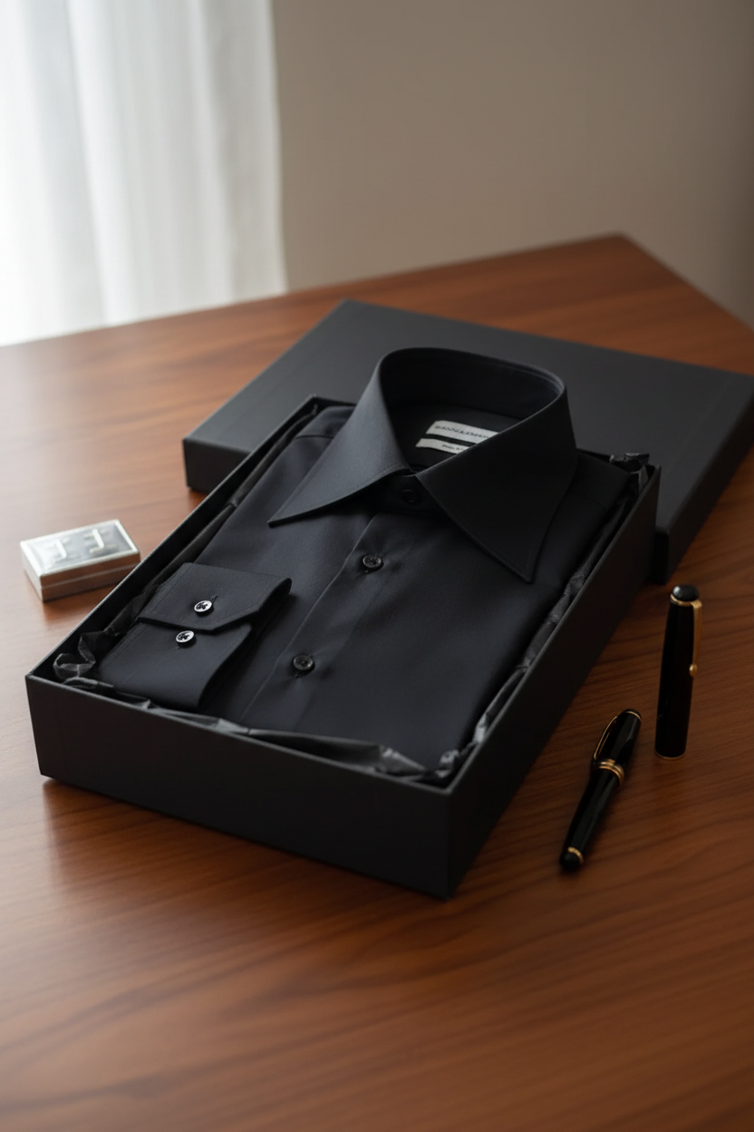Gros plan sur le tissu de haute qualité de la chemise Slim Fit en noir classique