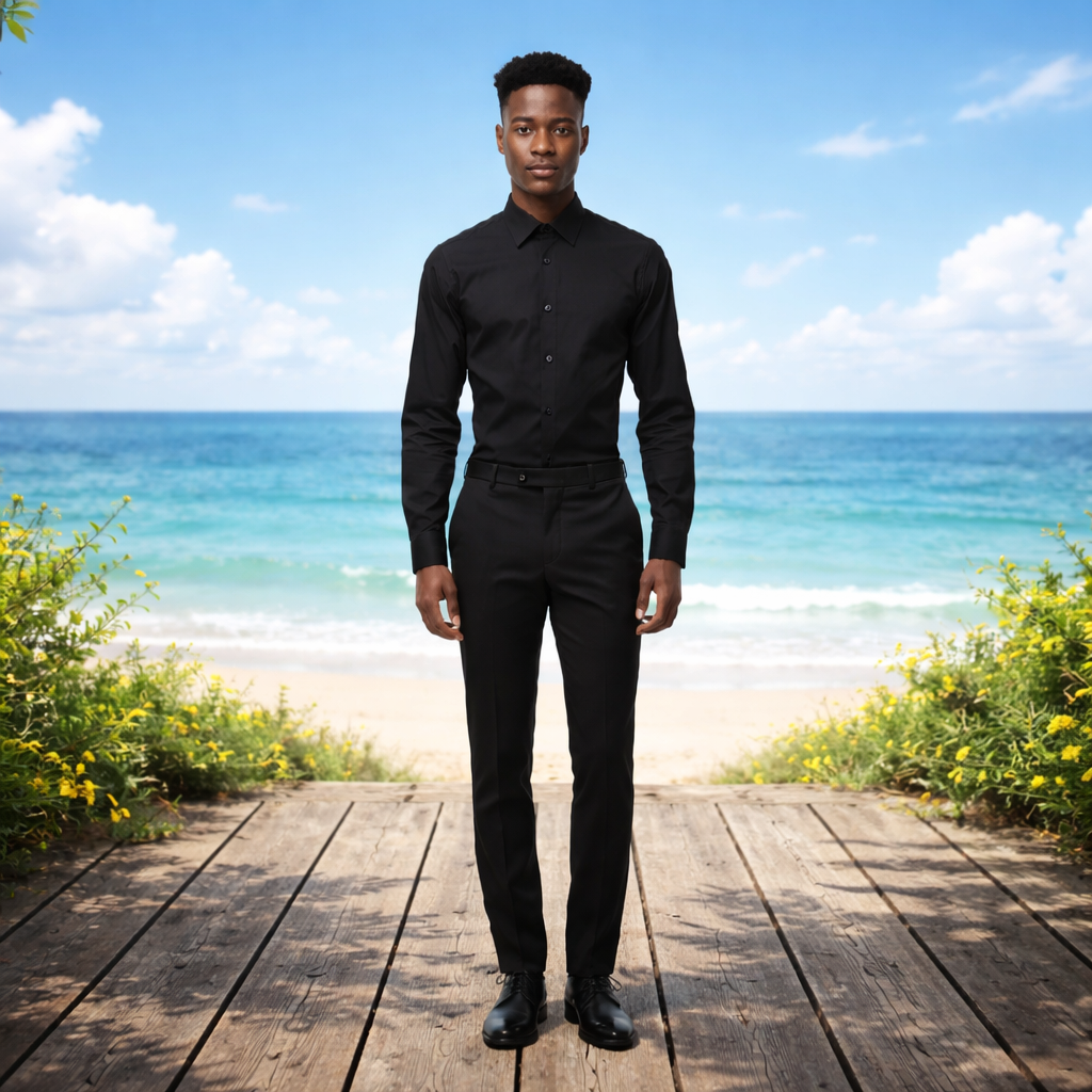 Le modèle porte la chemise Slim Fit noire à col long pour une tenue business