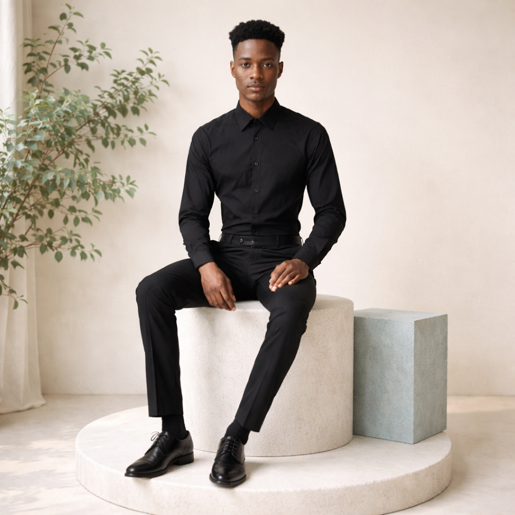 Vue détaillée du col long de la chemise Slim Fit noire