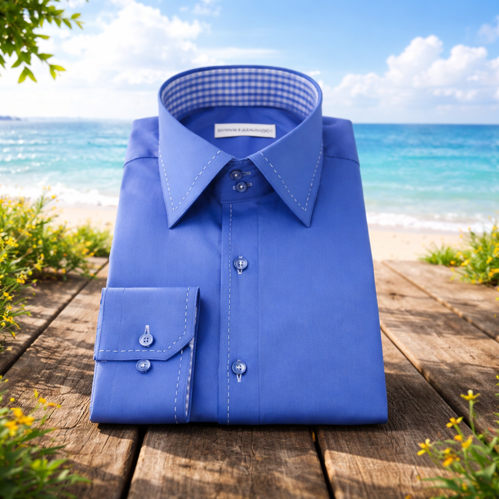 Moderne Business-Look mit Herrenhemd Hochkragen Slim Fit Blau, kombiniert mit dunklem Anzug