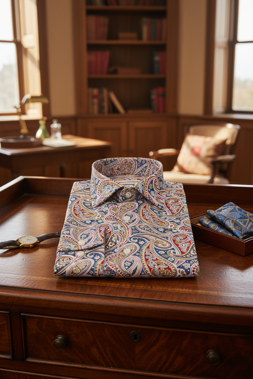 Nahaufnahme des Paisley-Musters auf dem Slim Fit Herrenhemd, detailreiche Farbvielfalt