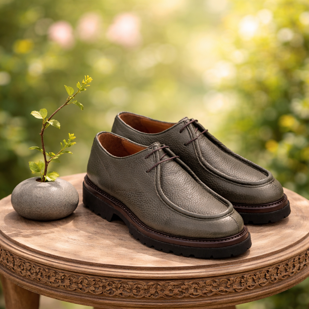 Chaussure dans un cadre élégant, soulignant l'alliance du cuir et de la semelle EVA.