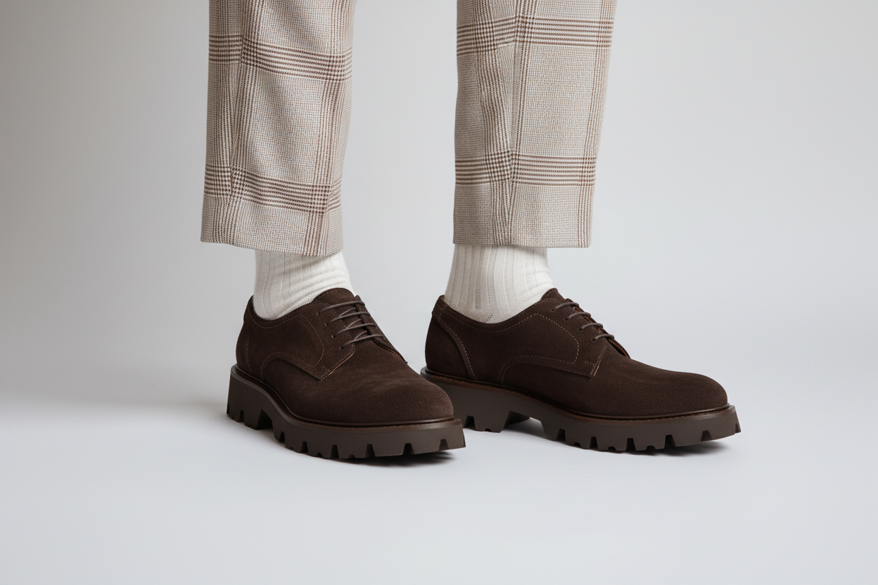 Schuhmodell auf einem eleganten Lederschuhständer präsentiert