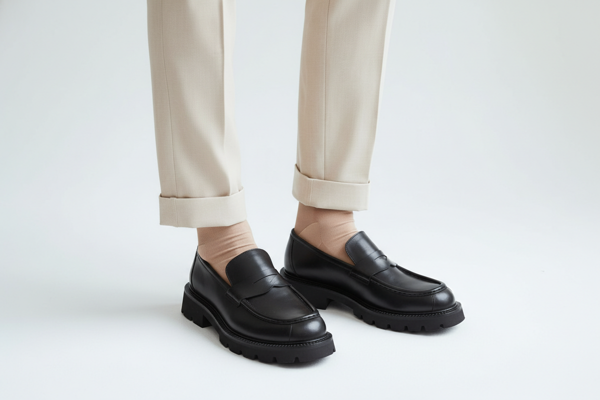 Chaussure en lumière naturelle sur fond neutre – met en valeur le noir classique et le savoir-faire artisanal.