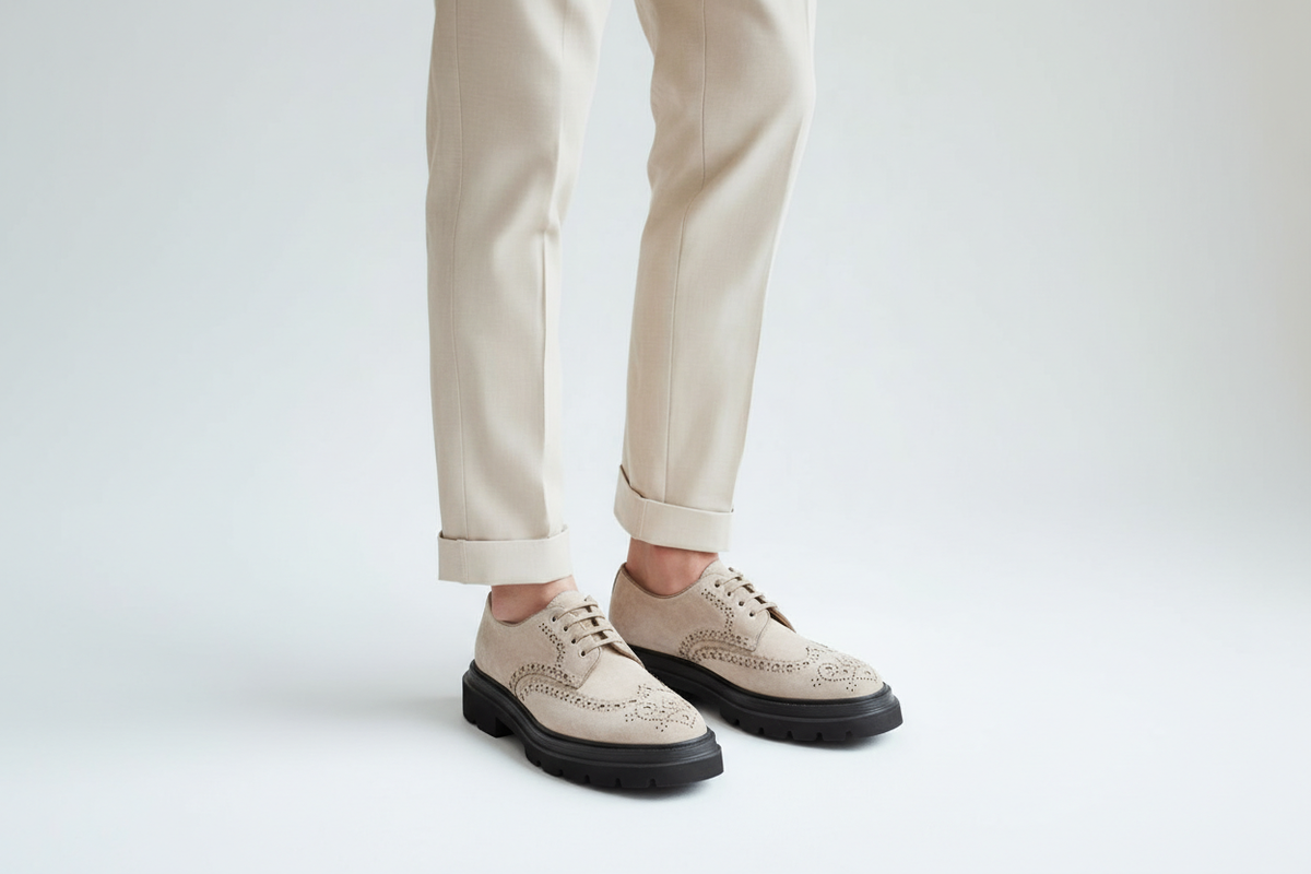Nahaufnahme des weichen Wildleder-Materials der Lederschuhe in Beige.