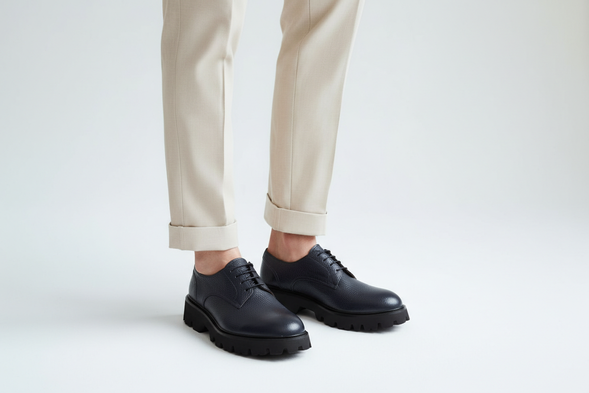 Schuh auf neutralem Untergrund – Fokus auf EVA Laufsohle und Absatzhöhe