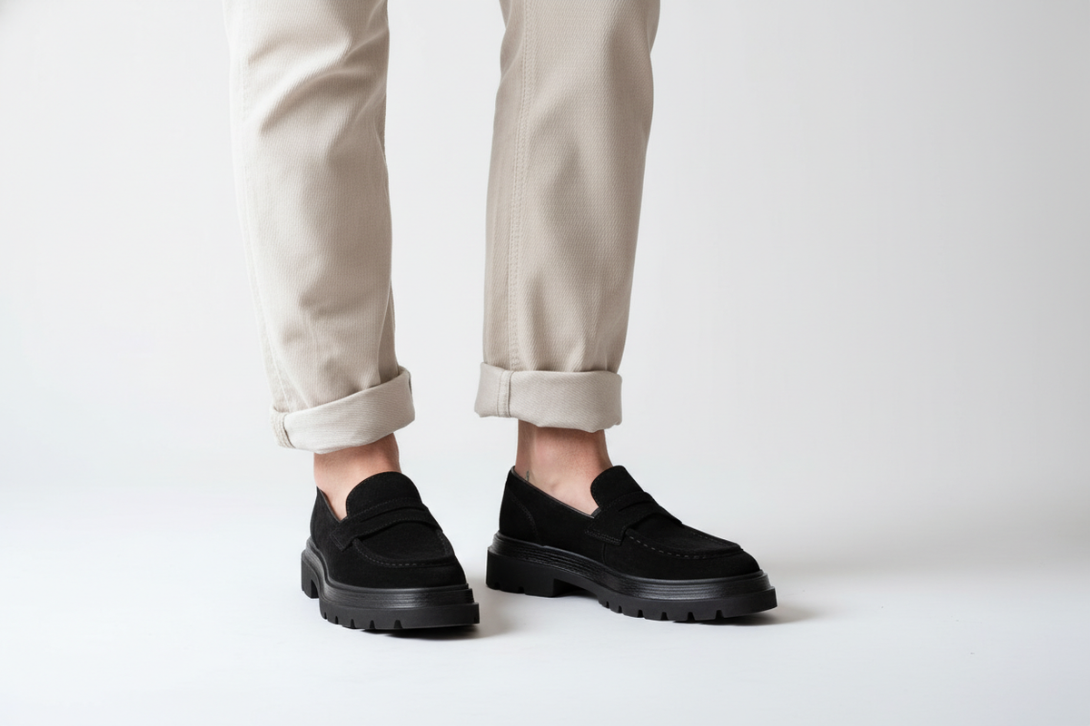 Schuh in Schwarz auf stilvollem Hintergrund, betont das elegante Wildleder