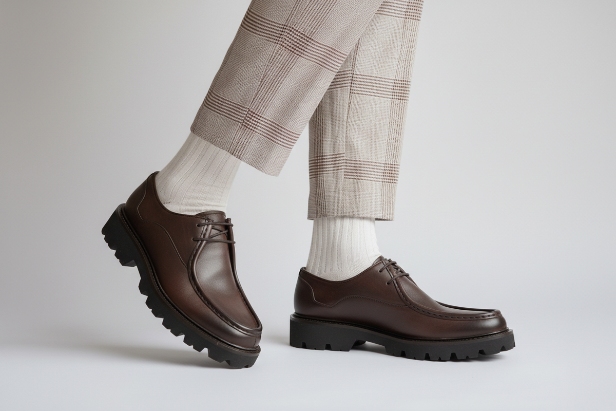 Chaussure en cuir marron, finition soignée et savoir-faire artisanal