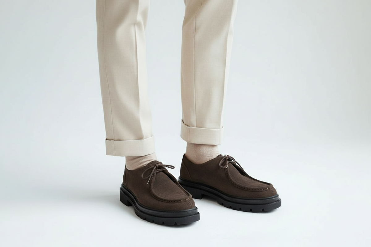 Paire de boots à lacets en daim tendance dans un décor urbain