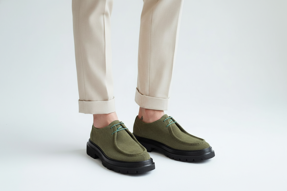 Image lifestyle : une personne porte les boots à lacets en daim vert olive en milieu urbain