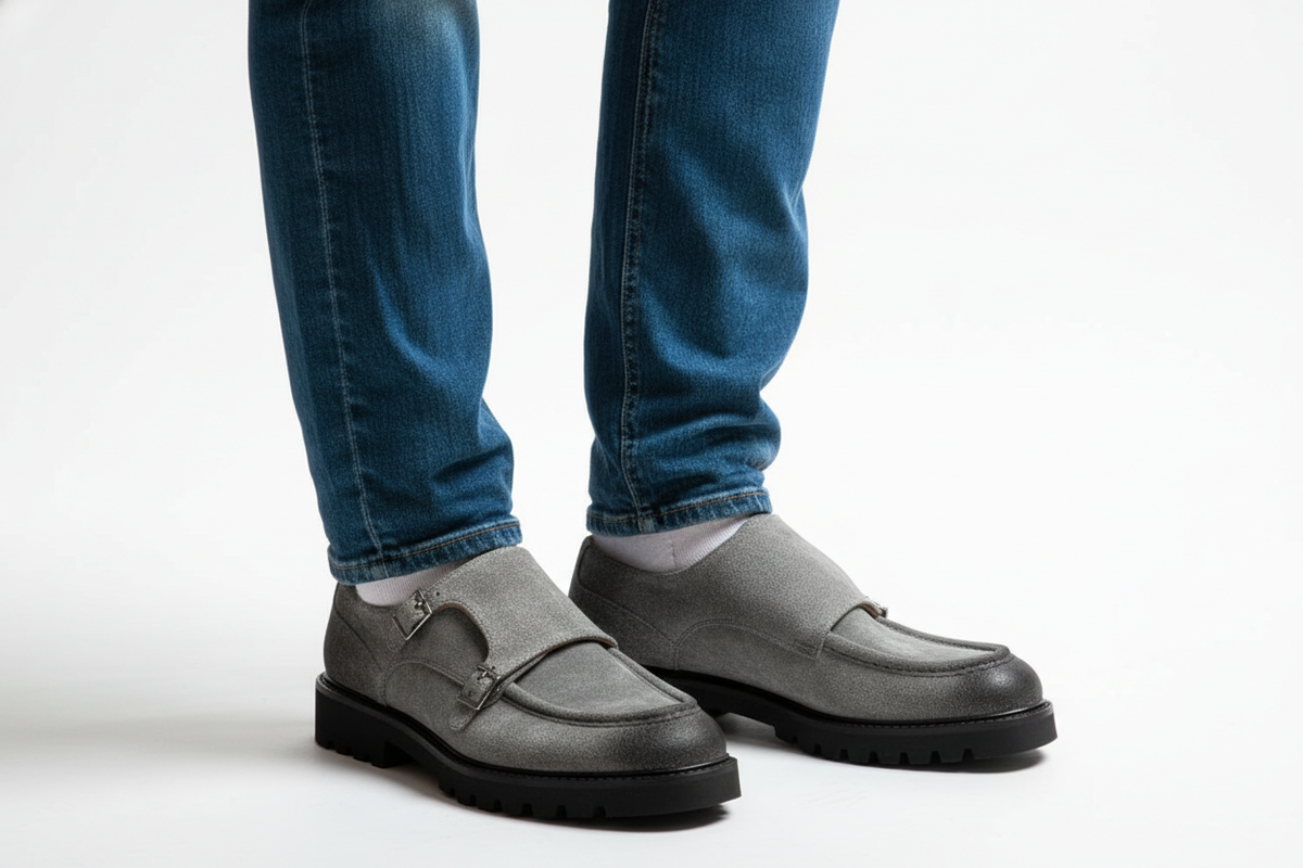 Schuh im Alltag – getragen auf einer eleganten Stadtstraße, kombiniert mit Jeans.