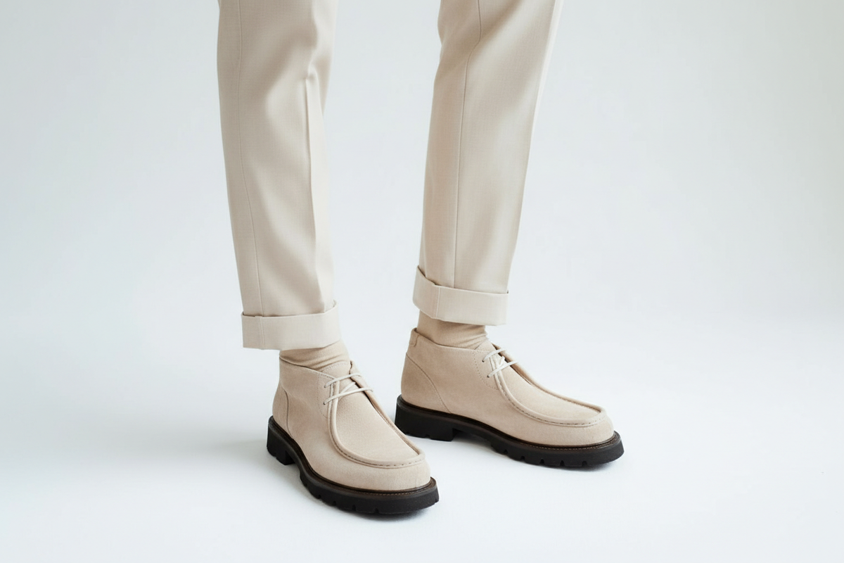 Emballage des chaussures à lacets en daim beige faites à la main – design élégant au logo Gianni & Armando